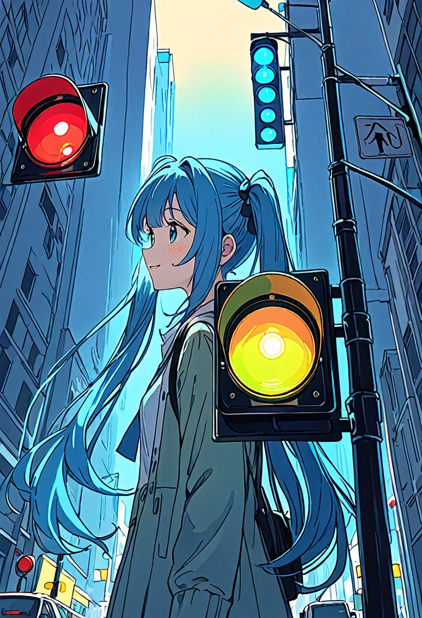 Traffic lights flashing blue against the sky、There is a woman looking up at a traffic light floating in the sky., Light blue long hair、Beautiful girl with twin tails、Bright smile、The traffic light is flashing blue、 Lo-fi art style, Nostalgic and melancholic artwork,