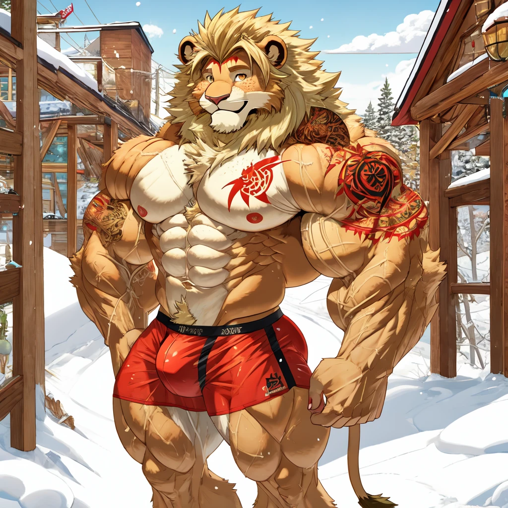 (masterpiece, Best quality:1.2), Lion Boy, Naked, winter, body covered in red fur, Furry style, Muscle flex, sexual, horny, very muscular wild ,full height,very short blond hair,freckles on the body and face,amber eyes,defined muscles,sharp focus, friendly, in speedos, tatoo over biceps, big crotch bulge