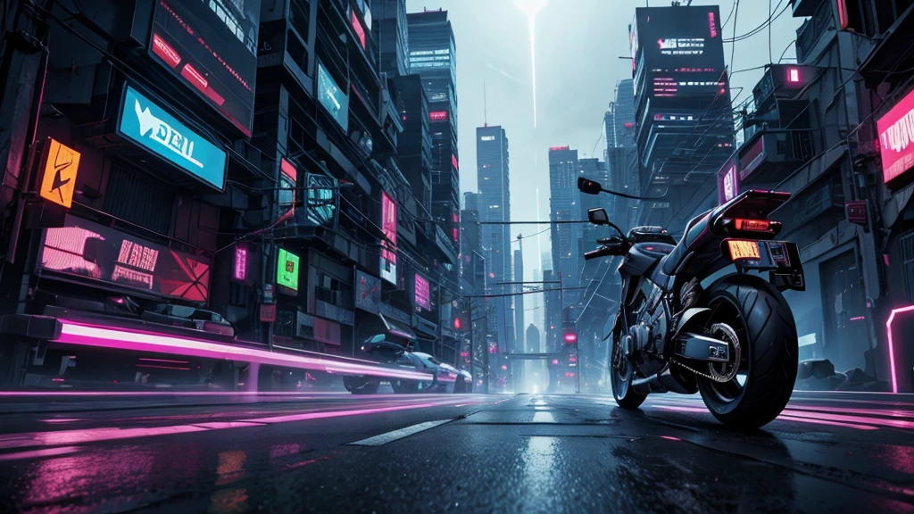 CIDADE, CYBERPUNK, atmospheric, DETALHES EM 8K, MOTO