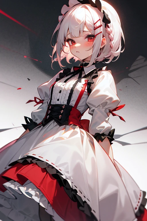 Short white hair, blush, Gothic Lolita、Punk Fashion、Headbang 2.、White and red clothes、Braiding、2 hair clips、