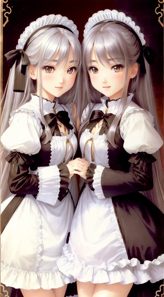 (Tabletop:1.5)。(Highest quality:1.5)。Len。(Perfect Face:1.2)。(Perfect body:1.2)。Two Girls。A very beautiful girl from Northern Europe。twins。Silver Straight Long Hair。Golden Eyes。Seeing the viewer。Expressionless。A cute maid outfit with lots of frills。Approach and face each other、Put each other'Palms together。(Dark interior background)。There is a small lantern on the table in front..。The shadows of two people reflected on the stone wall behind them、It is shaped like a dragon, Spread your legs,orgasm,blush, Sweat,White panties、Squat、Look at this、skirt、、Attacked by tentacles、Tentacles wrap around my legs、Tentacles in the crotch、Captured by tentacles、cry、shout、Ecstasy face、skirtの中の触手、Do not run away、Lying down、Torn clothes、skirtの下からスパッツが見えます、Spread your legs、Disheveled clothing、skirtをめくった、