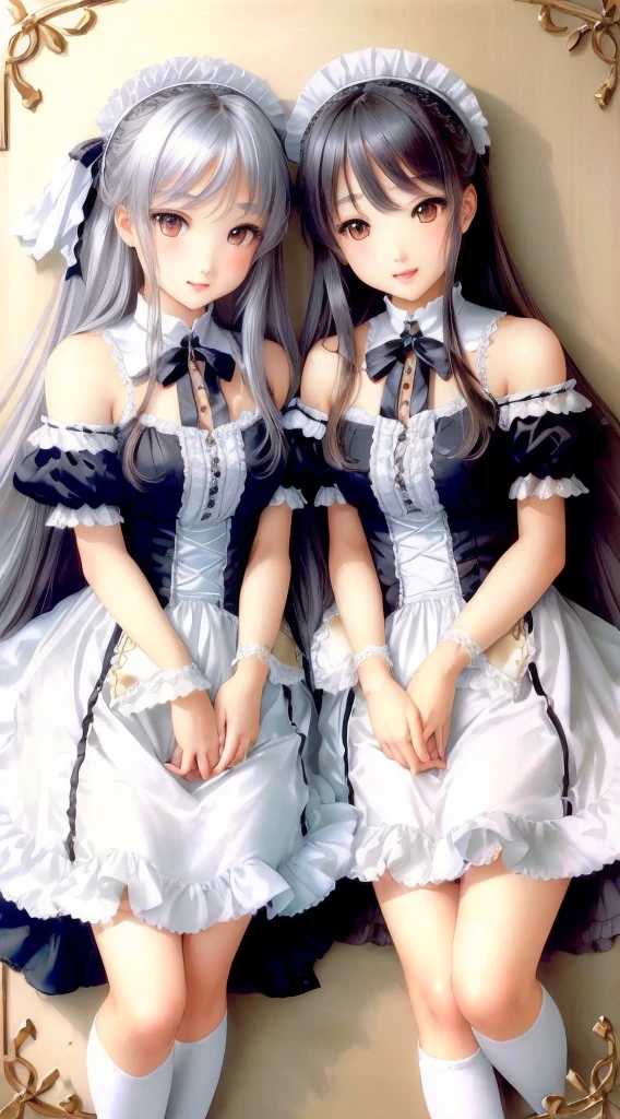 (Tabletop:1.5)。(Highest quality:1.5)。Len。(Perfect Face:1.2)。(Perfect body:1.2)。Two Girls。A very beautiful girl from Northern Europe。twins。Silver Straight Long Hair。Golden Eyes。Seeing the viewer。Expressionless。A cute maid outfit with lots of frills。Approach and face each other、Put each other'Palms together。(Dark interior background)。There is a small lantern on the table in front..。The shadows of two people reflected on the stone wall behind them、It is shaped like a dragon, Spread your legs,orgasm,blush, Sweat,White panties、Squat、Look at this、skirt、、Attacked by tentacles、Tentacles wrap around my legs、Tentacles in the crotch、Captured by tentacles、cry、shout、Ecstasy face、skirtの中の触手、Do not run away、Lying down、Torn clothes、skirtの下からスパッツが見えます、Spread your legs、Disheveled clothing、skirtをめくった、