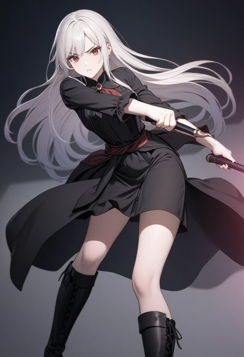 Girl, 20 years old, with long white hair down to below her waist, a serious yet tender expression, and red eyes. Her hair features black streaks. She wears antique-style clothing, a long black dress with a slit on the legs, and high black boots that almost reach her knees. Her power and background are related to shadows and darkness. dark escense, figth stance