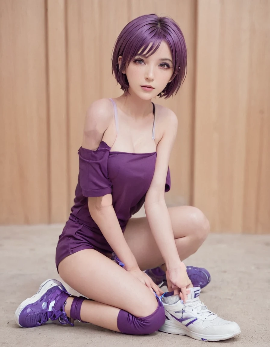 1girl, solo, breasts, blush, looking_at_viewer, short_hair, open_mouth, purple_eyes, purple_hair, shoes, dated, kneeling, traditional_media, sneakers, buruma, sportswear, volleyball_uniform