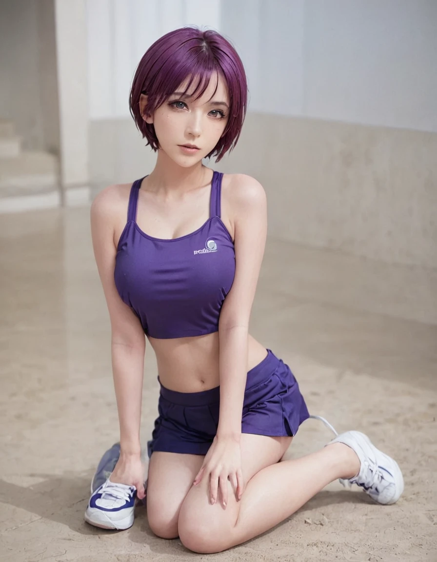 1girl, solo, breasts, blush, looking_at_viewer, short_hair, open_mouth, purple_eyes, purple_hair, shoes, dated, kneeling, traditional_media, sneakers, buruma, sportswear, volleyball_uniform