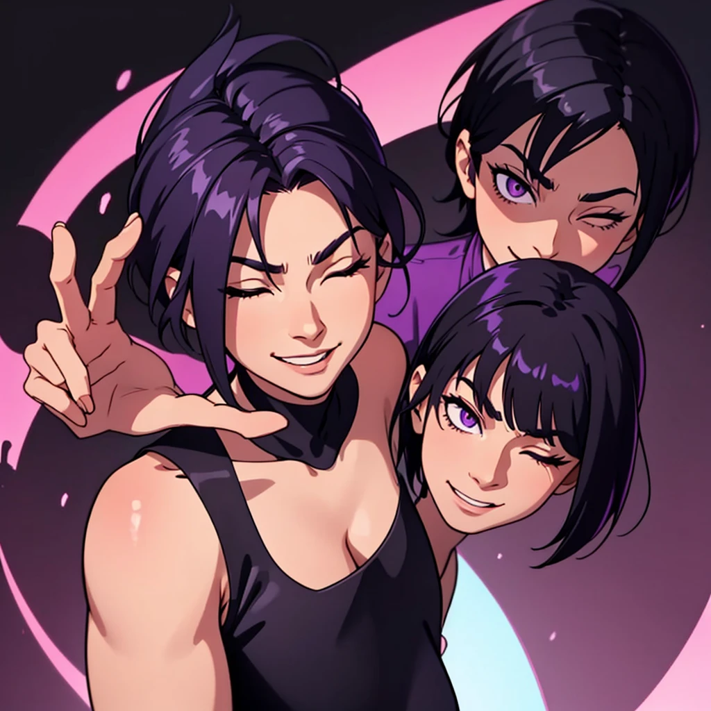 short black hair, highres, high resolution, masterpiece, wide purple eyes, talking, stoic, confident, masterpiece, best quality, highres, 1 man, Ghetto Suguru jujutsu kaisen, quiff haircut, straight pointy hair, spiked up at back, black hair, short hair, ager, colorful hair, light background, full body, teen, colorful parts, symbols, dark , bold, realistic mixing dark lines and loose lines, bold lines, on paper, human man, full body, intimidating pose, stylish outfit, dark theme, beautiful, pretty, modest, standing, male, sharp chin, high cheekbones, white background, highres, high resolution, masterpiece, looking straight, laughing, smiling, laughing a lot, smiling a lot, eyes closed, no eyes, eyes shut, huge smile, biggest smile, largest smile. showing teeth smile