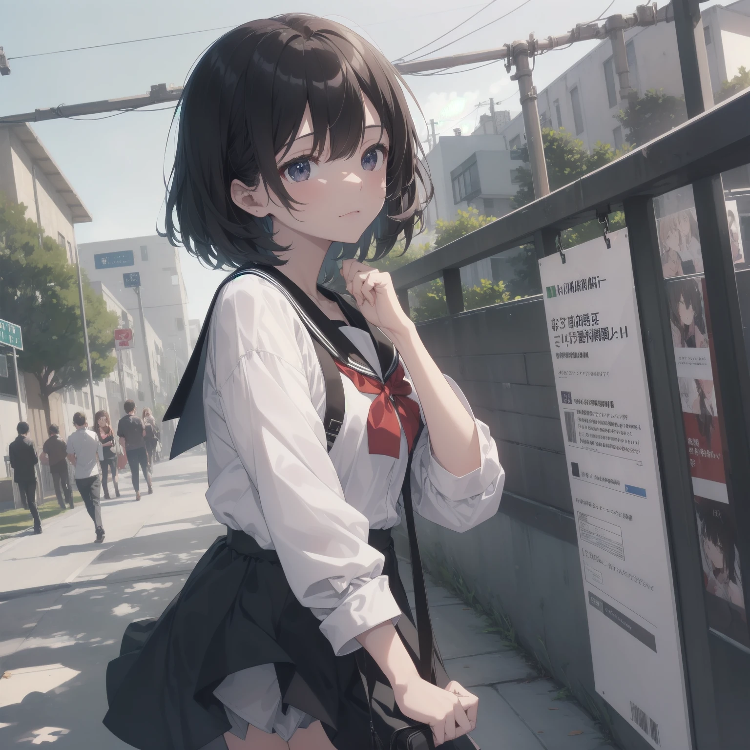 ultra-absurdres-Top quality by artist God, ultra-detailed, high resolution, anime moe artstyle, best anime 8k konachan wallpaper, pixiv contest winner, pool:2810, perfect anatomy,break, 1girl, (Please draw a girl walking sleepily to school alone. )break,(Solo,little female, 13-year-old:1.3),Full limbs, complete fingers,a junior high school student, (very short hair), short cut, flat chest, , small butt, small black eyes, beautiful detailed eyes, well-proportioned iris and pupils, expressive eyes, highres detailed hair, soft expression, salor school_uniform, sailor collar, serahuku, bow, pleated skirt,(Detailed Lighting), (Detailed background), in the School commute route. break,super detailed skin, Best cinematic lighting powered by famous artist, 8k,beauty illustration,photoshop_(medium),very aesthetic,break,((artist:takafumi )), artist:clamp ,artist:carnelian ,artist:kantoku ,