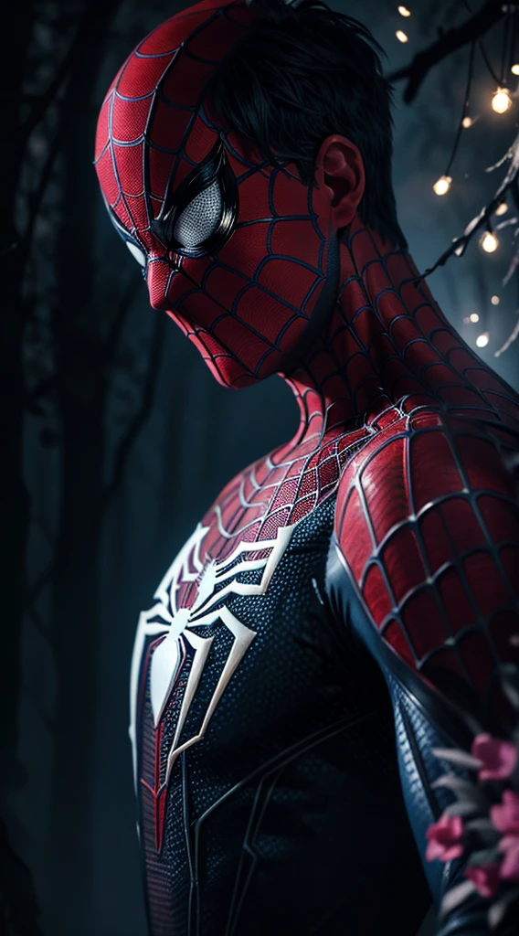 dramatic dynamic portrait of Spider-Man covered in intricate floral bioluminescent spiderweb filigree, misty fantasy forest environment, bokeh ✨