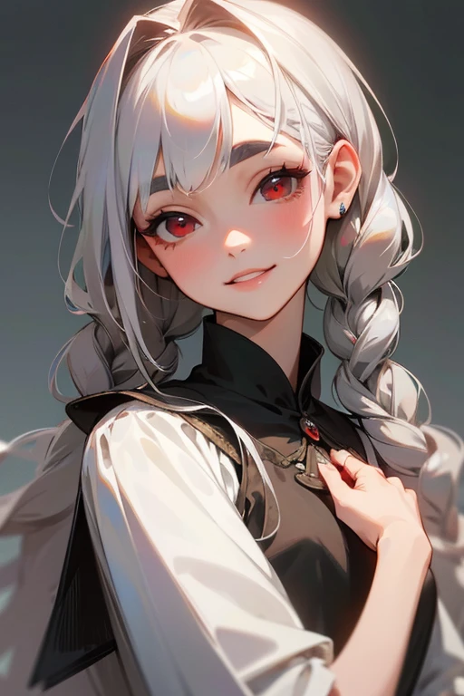 (Highest quality, masterpiece:1.2), High resolution, 最高masterpiece、Very detailed, Realistic:1.37, Fantasy, An illustration,Gray Hair、 Red eyes、Queen, White Dress、beautifully、Eyeshadow Red、Thick eyebrows、Long eyelashes、pupils are black、shiny on the lips、Top Sites、Queen、Princess、A kind smile、Show your teeth a little and smile、Soft impression、people々々々々々々々々Loved by、Slimming the face、Shoulder Bare、Sexy braids、Kissing Face、Long white hair、Shaggy Bangs、Save face image、The background is the palace、