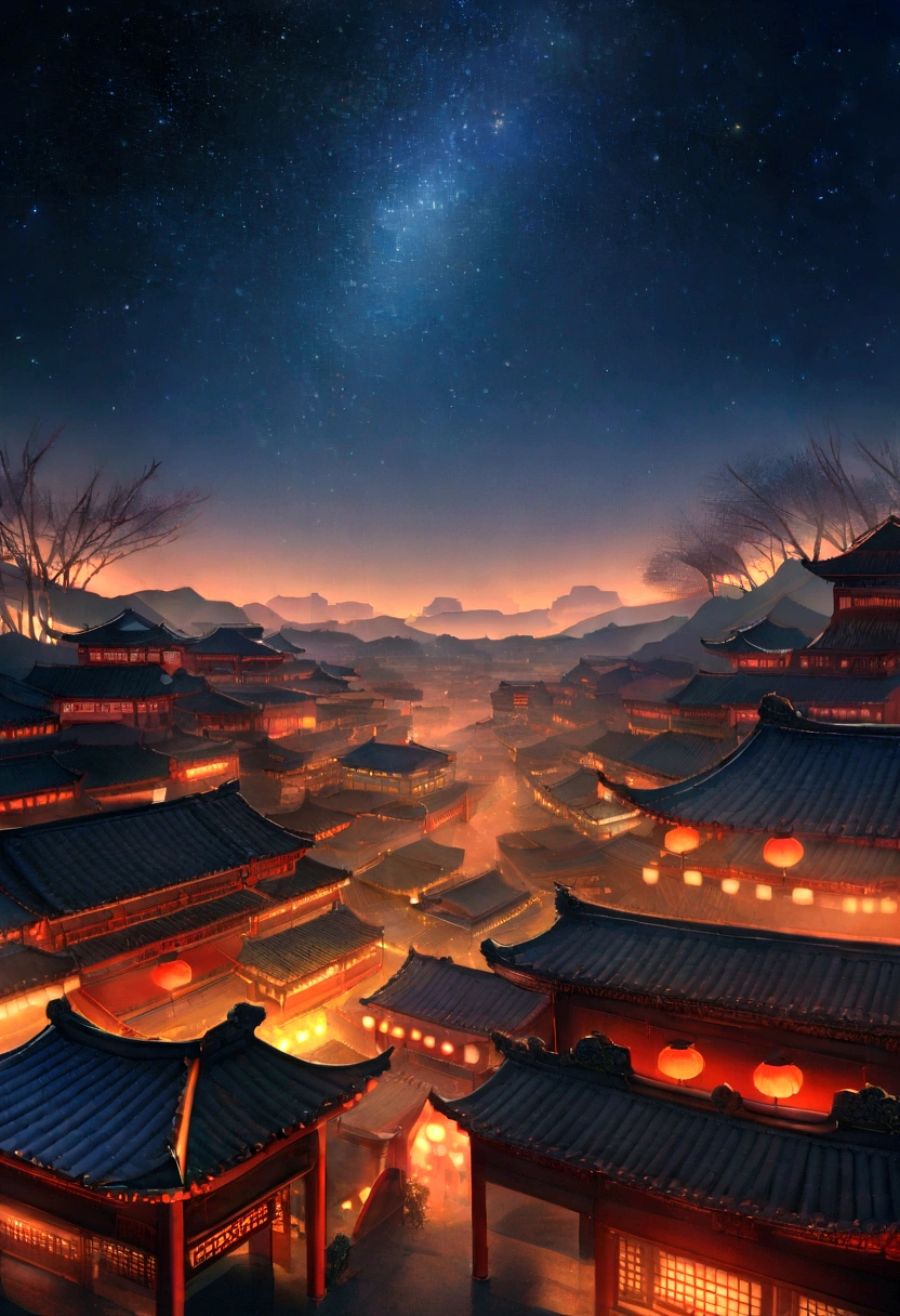 Sky view, ancient china town, historical town, Chinese ancient infrastructure, night, firefly, red lantern, low visibility, stars in the sky, willow trees, 16K, Ultra high definition, Ultra Detailed, Ultra mesmerising, Solemn Atmosphere 