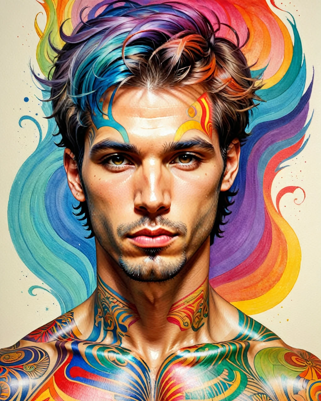 psychedelic style "uma pintura de um homem com tinta colorida no rosto, detailed retrato colorido, retrato de um ****** de retalhos, David Mack •, retrato colorido, rosto tatuado, inspirado em Hedi Xandt, Anton, Retrato altamente detalhado, colorful illustration, intricate heterochromatic sad, homem extremamente detalhista, retrato pintado centrado, homem tatuado, desenho colorido, retrato extremamente detalhado" . cores vibrantes, rotating patterns, formas abstratas, Surreal, alucinante,,((whole body:1.4))