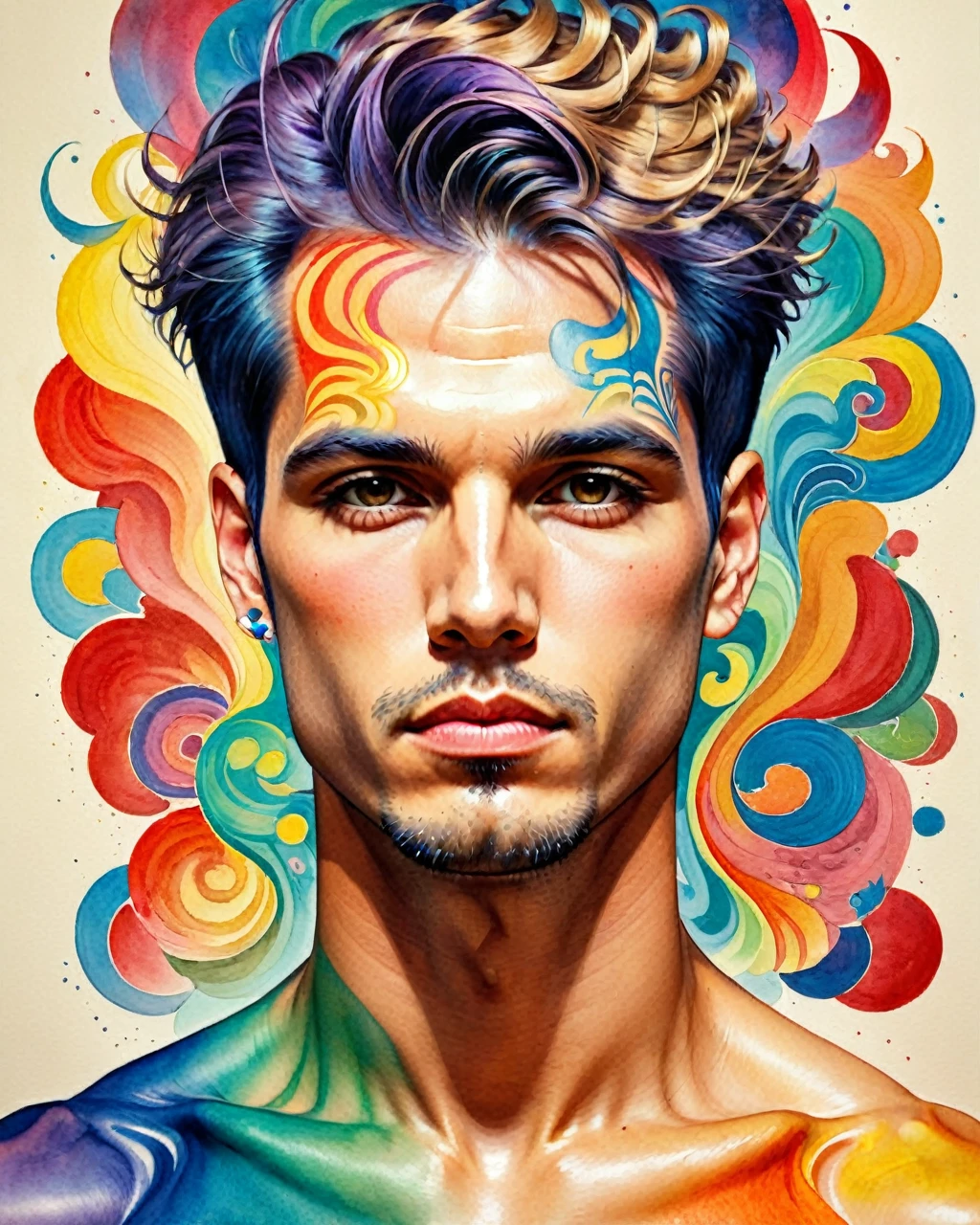 psychedelic style "uma pintura de um homem com tinta colorida no rosto, detailed retrato colorido, retrato de um menino de retalhos, David Mack •, retrato colorido, rosto tatuado, inspirado em Hedi Xandt, Anton, Retrato altamente detalhado, colorful illustration, intricate heterochromatic sad, homem extremamente detalhista, retrato pintado centrado, homem tatuado, desenho colorido, retrato extremamente detalhado" . cores vibrantes, rotating patterns, formas abstratas, Surreal, alucinante,,((whole body:1.4))