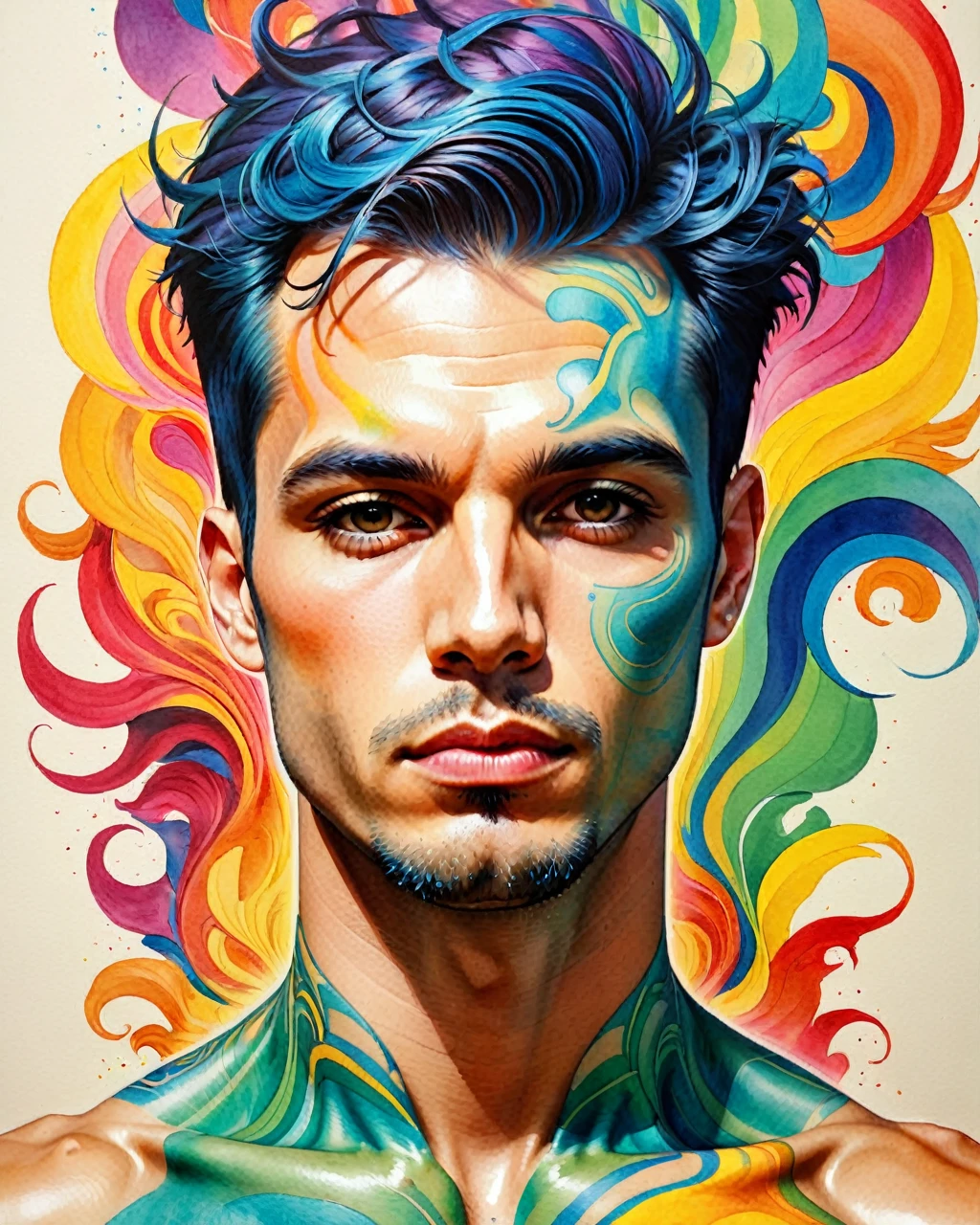 psychedelic style "uma pintura de um homem com tinta colorida no rosto, detailed retrato colorido, retrato de um de retalhos, David Mack •, retrato colorido, rosto tatuado, inspirado em Hedi Xandt, Anton, Retrato altamente detalhado, colorful illustration, intricate heterochromatic sad, homem extremamente detalhista, retrato pintado centrado, homem tatuado, desenho colorido, retrato extremamente detalhado" . cores vibrantes, rotating patterns, formas abstratas, Surreal, alucinante,,((whole body:1.4))