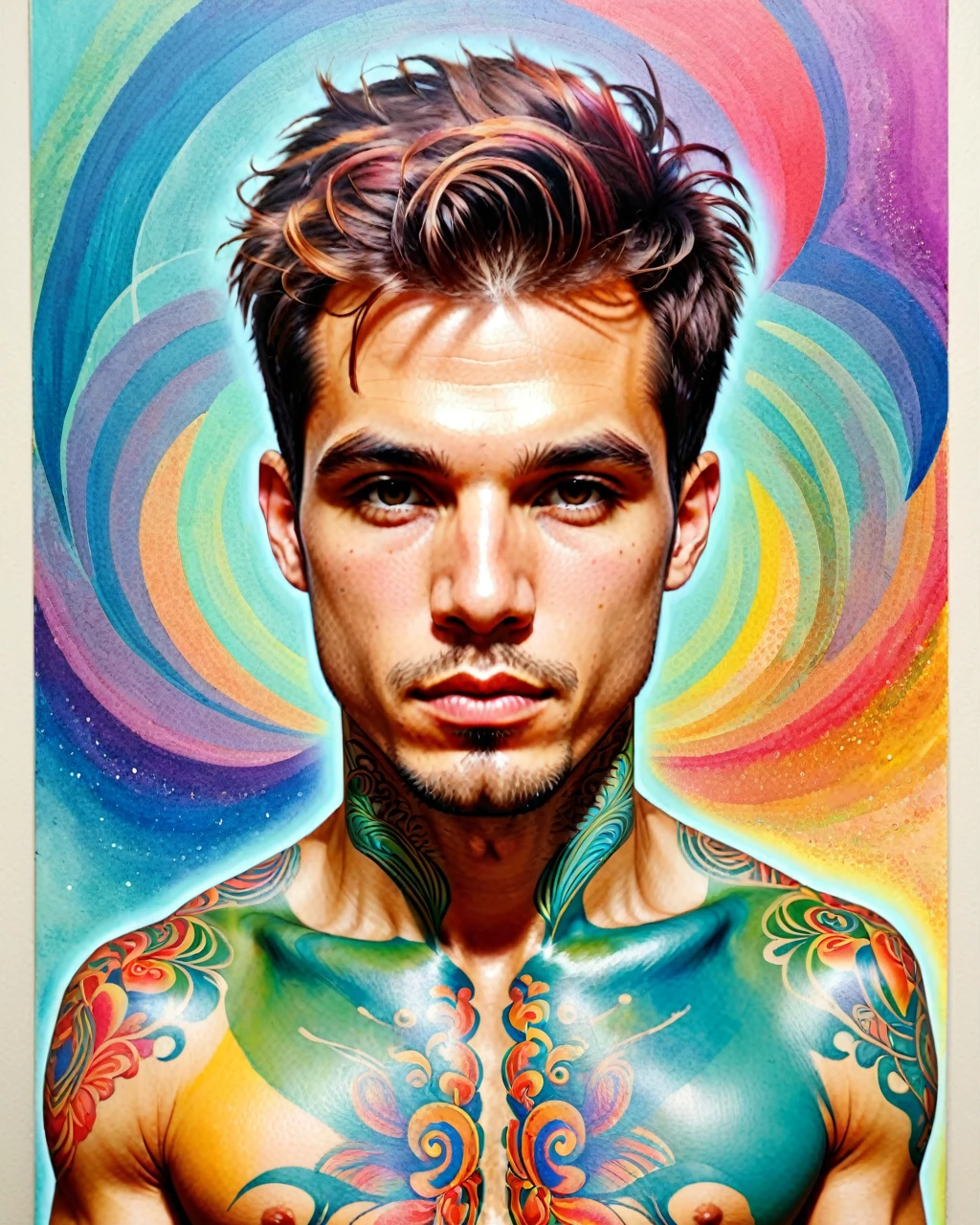 psychedelic style "uma pintura de um homem com tinta colorida no rosto, detailed retrato colorido, retrato de um menino de retalhos, David Mack •, retrato colorido, rosto tatuado, inspirado em Hedi Xandt, Anton, Retrato altamente detalhado, colorful illustration, intricate heterochromatic sad, homem extremamente detalhista, retrato pintado centrado, homem tatuado, desenho colorido, retrato extremamente detalhado" . cores vibrantes, rotating patterns, formas abstratas, Surreal, alucinante,,((whole body:1.4))