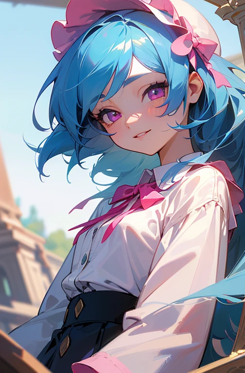 (detailed beautiful eyes and detailed face, masterpiece side light, masterpiece, Highest quality, detailed, High resolution illustrations), (1 girl, beautiful girl, Shiny skin), (Sky Blue Hair, Pink Eyes, skirt, ribbon, Button-down shirt)、Face close-up、Laugh gently、