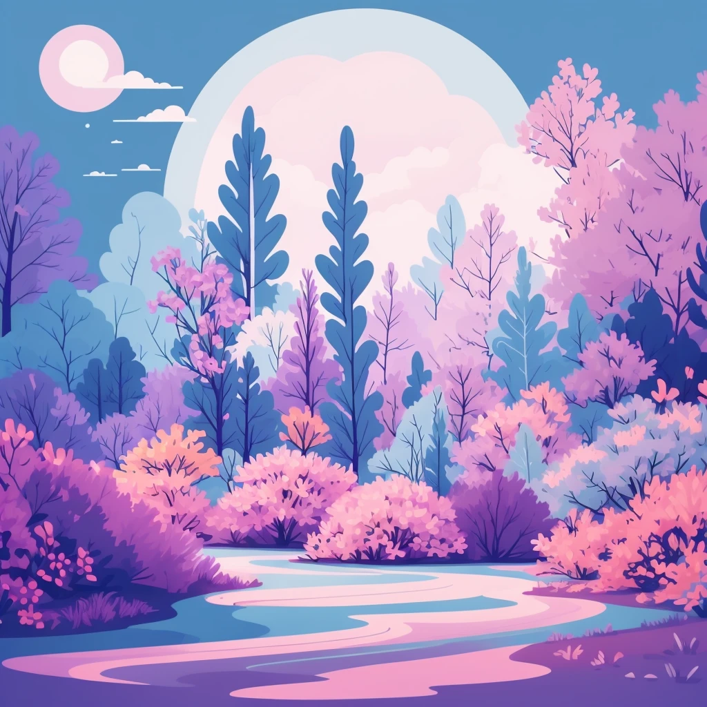 Abstract spring illustratin, minimal, vector, combination of natural and geometric, two-dimensional, using pale violet color tone, violet pastel color