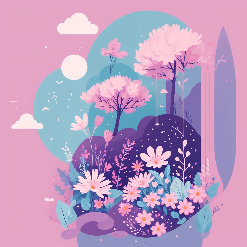 Abstract spring illustratin, minimal, vector, combination of natural and geometric, two-dimensional, using pale violet color tone, violet pastel color