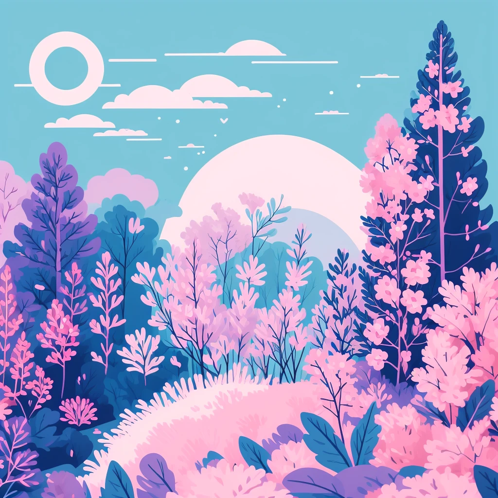 Abstract spring illustratin, minimal, vector, combination of natural and geometric, two-dimensional, using pale violet color tone, violet pastel color