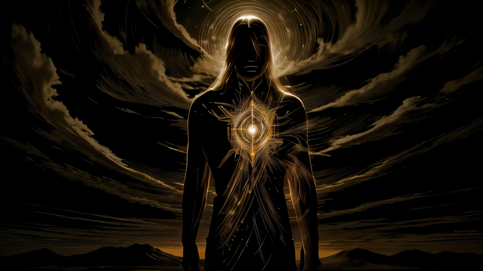 Create a mystical 4K image of an individual standing alone in a vast, isolated landscape, such as a mountain or desert. The person should have a halo or a bright aura surrounding them, symbolizing their uniqueness and spiritual connection. The sky above should be filled with stars, representing the depth of their experiences and emotions. The overall atmosphere should convey a sense of solitude and profound spirituality.