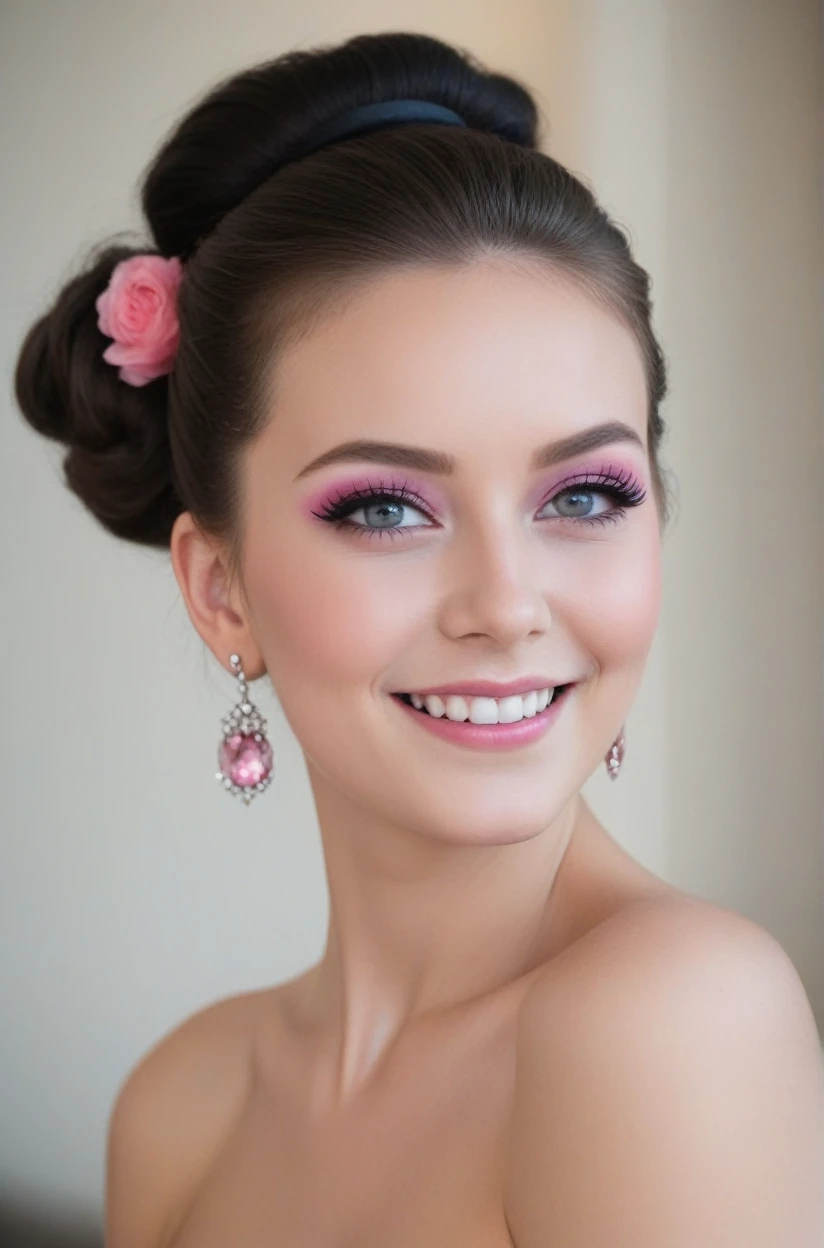 noble and elegant girl,beau visage,Beaux yeux,Pink eyeshadow,Rougir,sourire,(((1 grand, Queue duveteuse))),Chignon haut noir,Boucles d'oreilles pompon rose,Robe tube rouge sexy,collier,bracelet vert