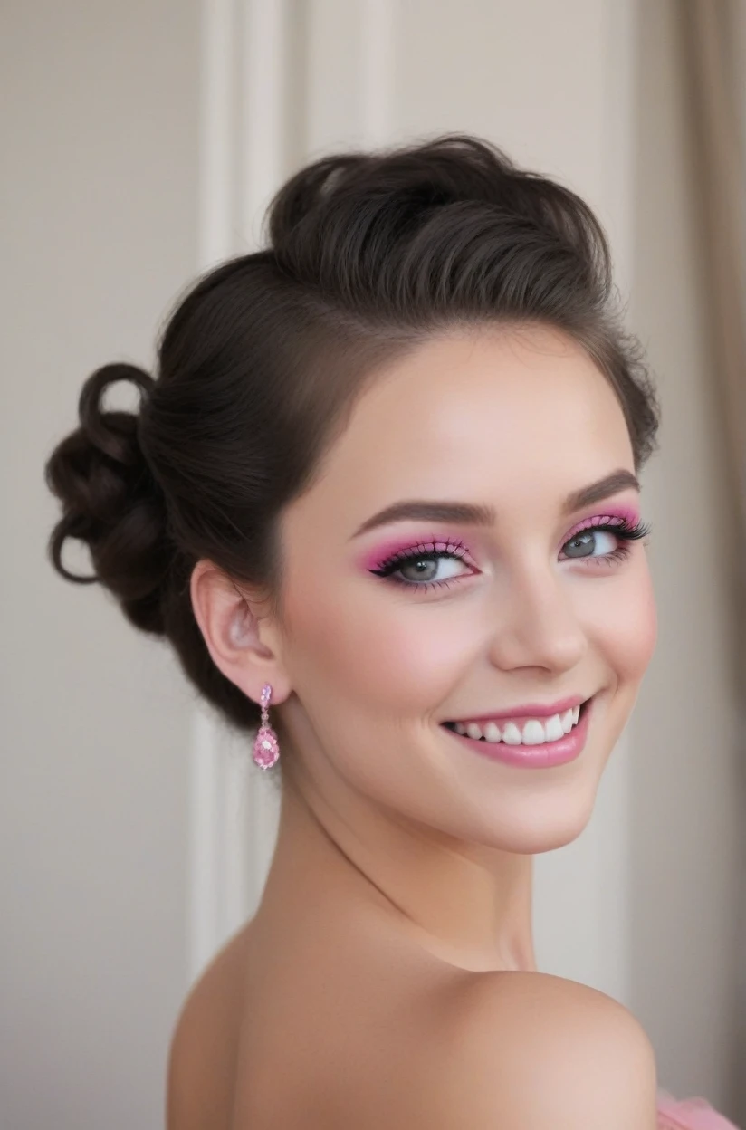 noble and elegant girl,beau visage,Beaux yeux,Pink eyeshadow,Rougir,sourire,(((1 grand, Queue duveteuse))),Chignon haut noir,Boucles d'oreilles pompon rose,Robe tube rouge sexy,collier,bracelet vert