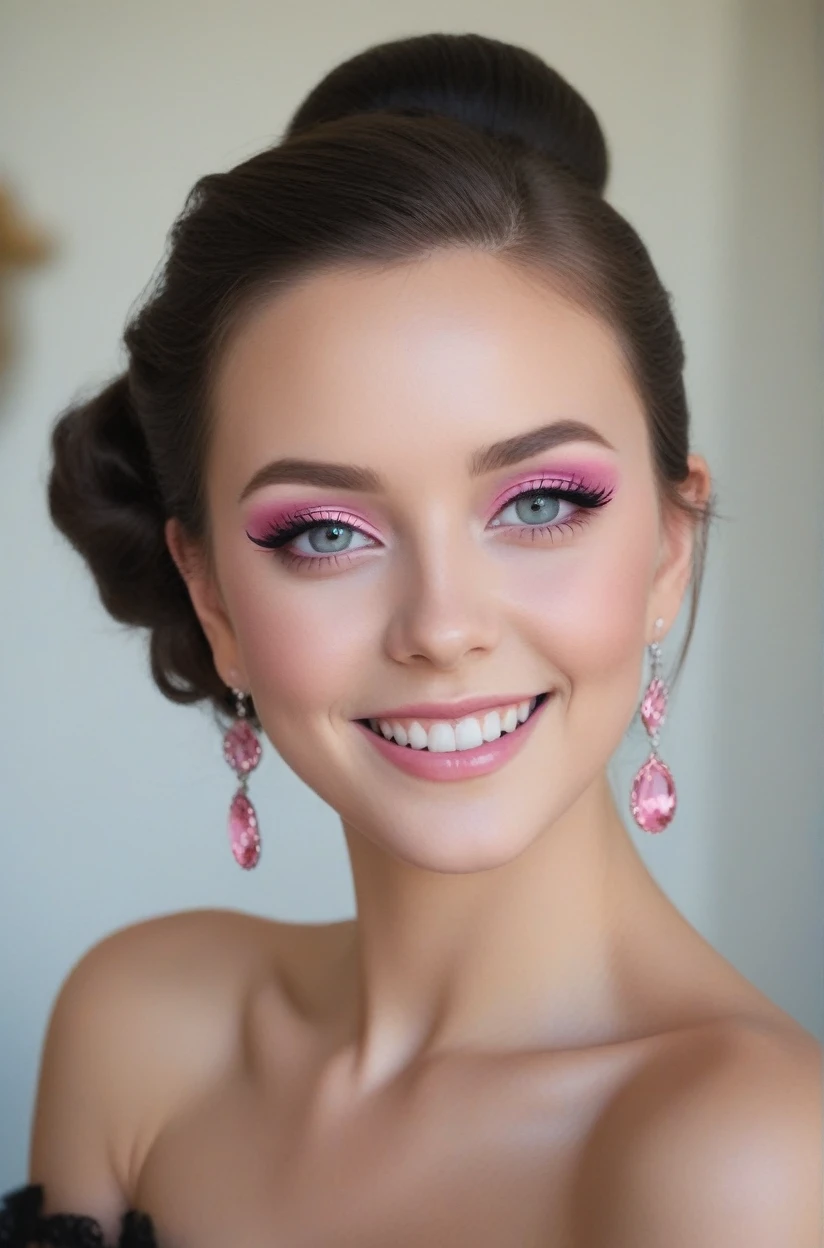 noble and elegant girl,beau visage,Beaux yeux,Pink eyeshadow,Rougir,sourire,(((1 grand, Queue duveteuse))),Chignon haut noir,Boucles d'oreilles pompon rose,Robe tube rouge sexy,collier,bracelet vert