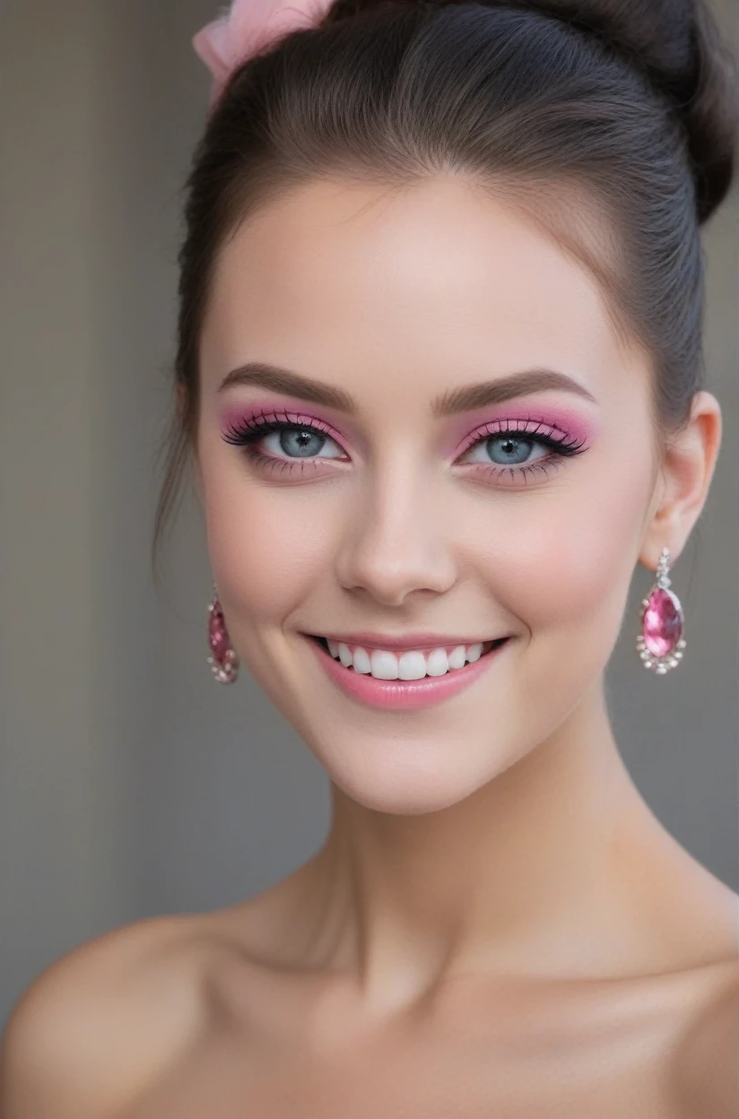 noble and elegant girl,beau visage,Beaux yeux,Pink eyeshadow,Rougir,sourire,(((1 grand, Queue duveteuse))),Chignon haut noir,Boucles d'oreilles pompon rose,Robe tube rouge sexy,collier,bracelet vert