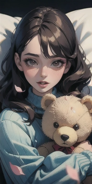 1girl walking on the river, mix4, sweater, pillow, lips, open_mouth, realistic, photo_\(medium\), solo, stuffed_animal, stuffed_toy, teddy_bear,(masterpiece),(photorealistic:1.3), ultra-detailed, (high detailed skin:1.2),(best quality:1.0), (ultra highres:1.0), (ulzzang-6500:0.3), wavy detailed hair, long hair, sunshine, (beautiful detailed makeup), (sexually aroused blushing heavy breathing:1.0), floral theme flower petals scattered, (soft glow bloom:0.5)