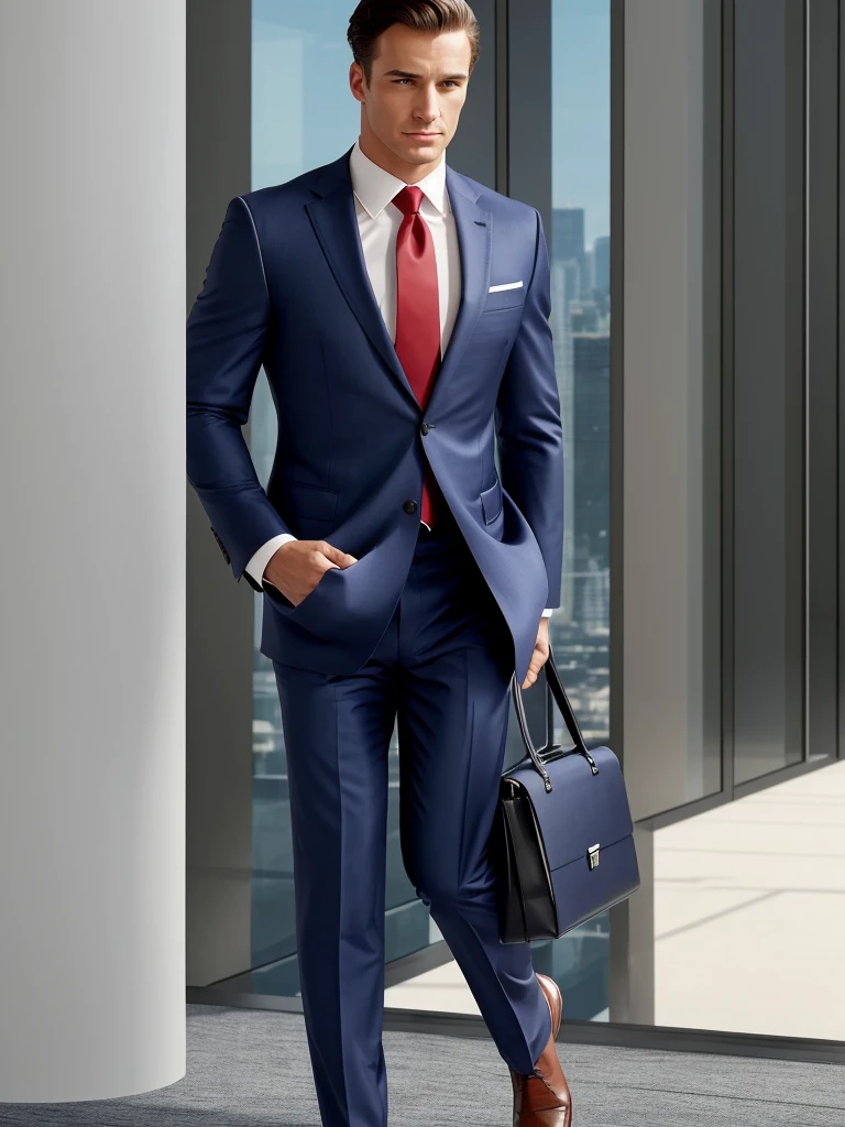 A confident businessman, wearing a navy blue tailored suit, an impeccable white shirt, and a red silk tie. He is in a sophisticated urban setting, such as a modern skyscraper or an office with a panoramic city view. He wears a luxury watch and holds an elegant leather briefcase. His expression exudes determination and success. The surrounding scene is bright, with soft lighting highlighting his features. The image should convey confidence and professionalism.