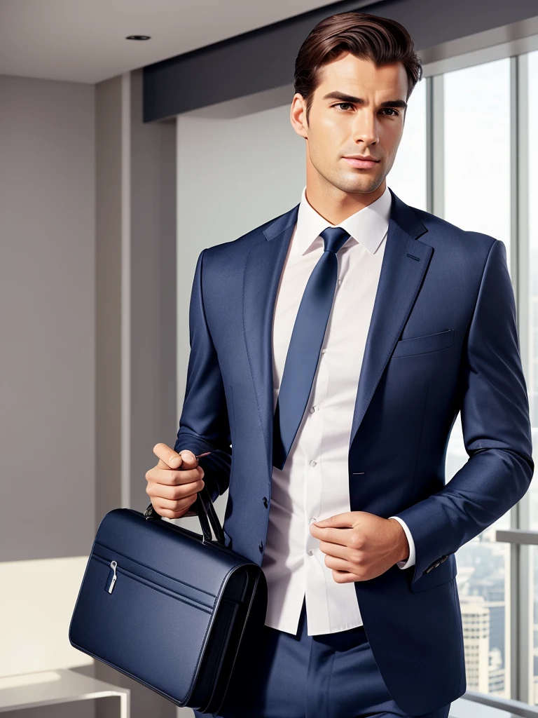 A confident businessman, wearing a navy blue tailored suit, an impeccable white shirt, and a red silk tie. He is in a sophisticated urban setting, such as a modern skyscraper or an office with a panoramic city view. He wears a luxury watch and holds an elegant leather briefcase. His expression exudes determination and success. The surrounding scene is bright, with soft lighting highlighting his features. The image should convey confidence and professionalism.