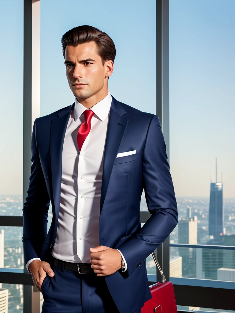 A confident businessman, wearing a navy blue tailored suit, an impeccable white shirt, and a red silk tie. He is in a sophisticated urban setting, such as a modern skyscraper or an office with a panoramic city view. He wears a luxury watch and holds an elegant leather briefcase. His expression exudes determination and success. The surrounding scene is bright, with soft lighting highlighting his features. The image should convey confidence and professionalism.