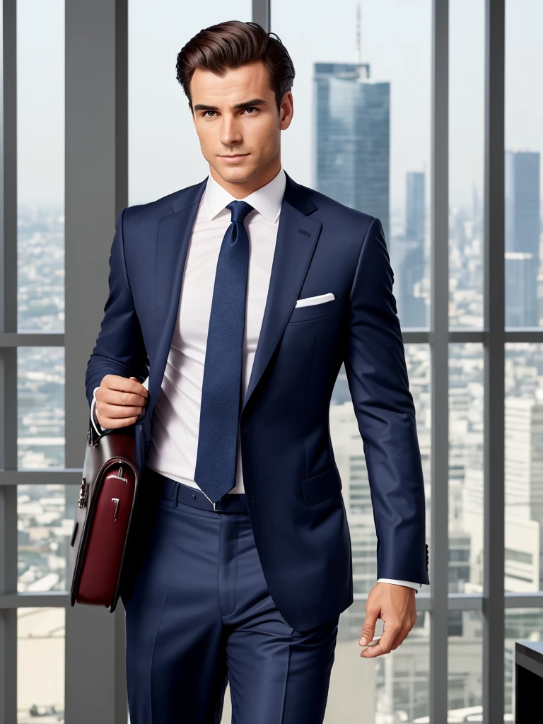 A confident businessman, wearing a navy blue tailored suit, an impeccable white shirt, and a red silk tie. He is in a sophisticated urban setting, such as a modern skyscraper or an office with a panoramic city view. He wears a luxury watch and holds an elegant leather briefcase. His expression exudes determination and success. The surrounding scene is bright, with soft lighting highlighting his features. The image should convey confidence and professionalism.