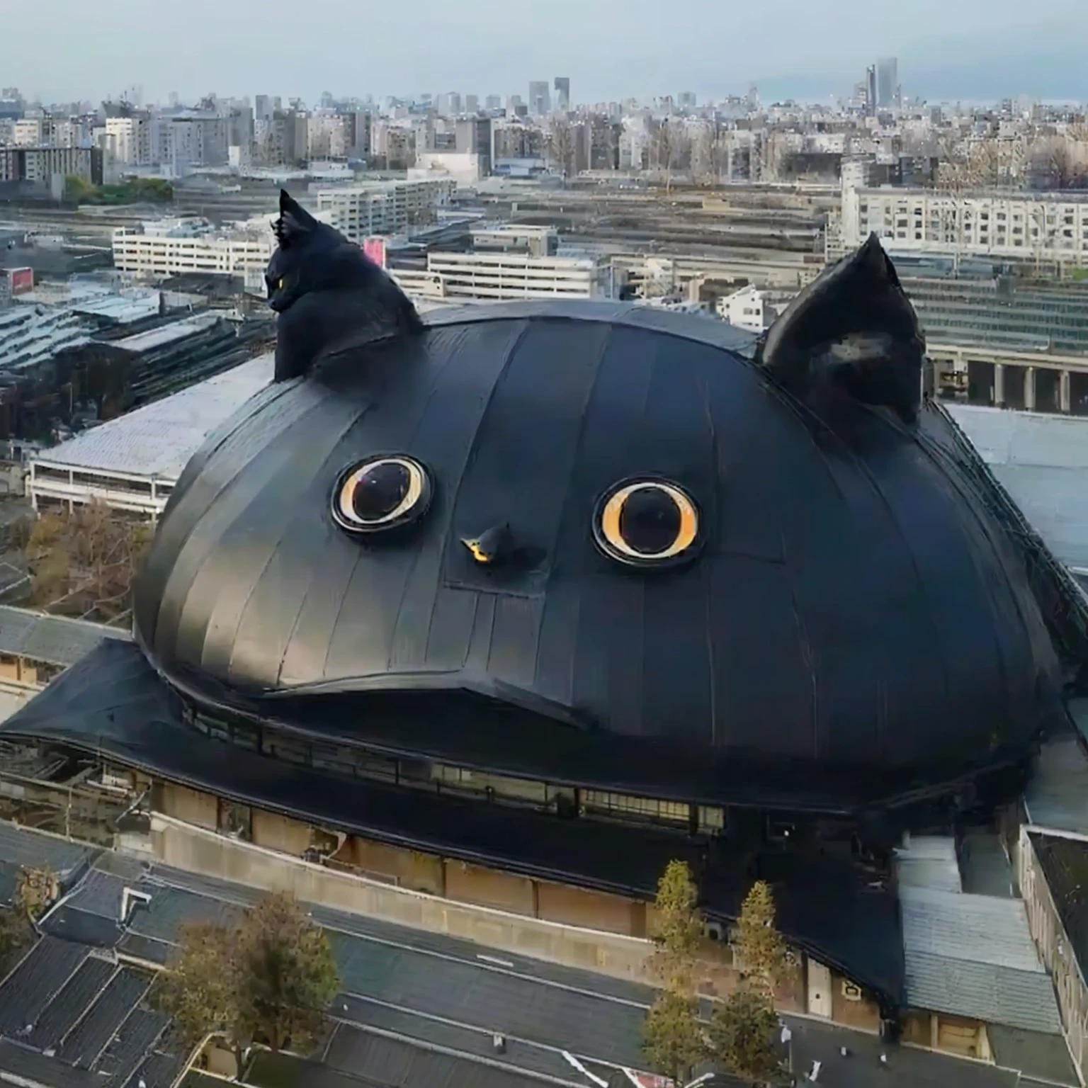arafed black cat shaped building with a large black roof, black cat in a city made of yarn, cat attacking tokyo, nekomimi, giant cat monster, kawaii cat, inspired by Kanō Naizen, anime cat, japanese architecture, by Ikuo Hirayama, real life totoro, neko, futuristic ballroom. big eyes