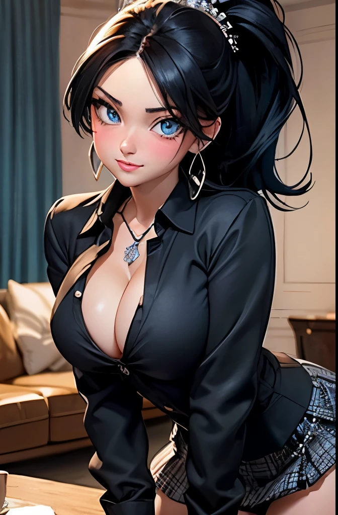 raven black hair in a high ponytail, crystal blue eyes, sassy 25 years old,  busty, cleavage, unbuttoned , skirt, standing, coy smile,  parted lips, (blushing:1.3), looking invitingly at the viewer, facing the viewer, livingroom background, leaning forward on table, (pov), glowing eyes, necklace, earrings, nsfw, 