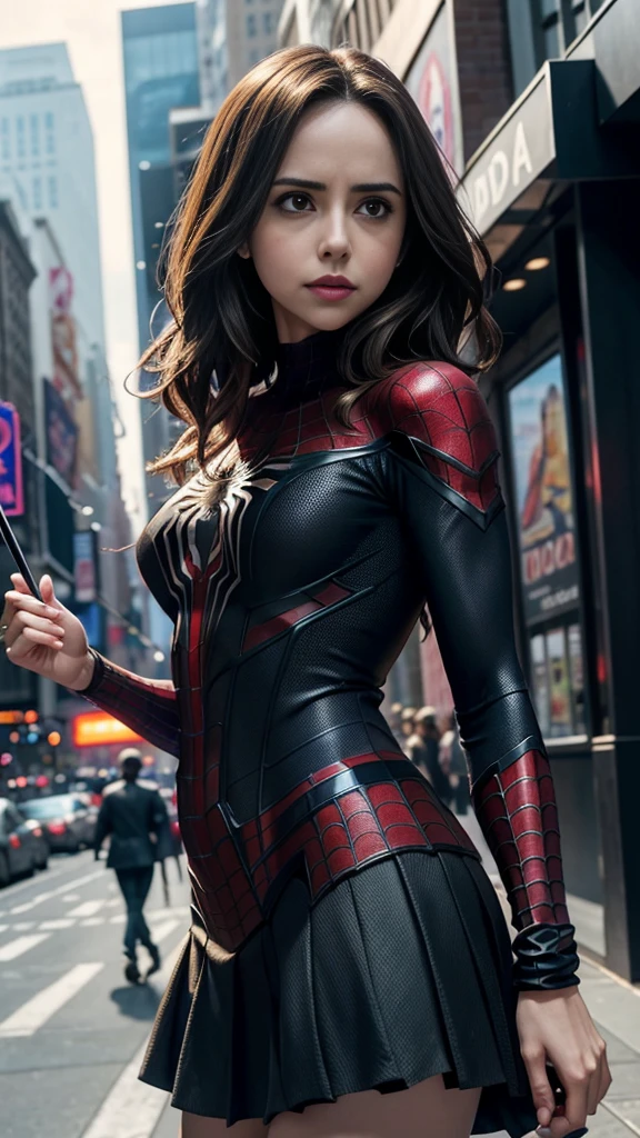 Eliza Dushku、マーベルコミックの映画Poster、so beautiful、Movies about Spider-Man、sexy、whole body、Wearing a skirt、Premiere Date、Poster、belly buttonを突き出す、new york、She's wearing a ripped Spiderman suit、The suit is torn、Wearing a skirt、Red and black color scheme、dynamic、masterpiece、Highest quality、Super detailed、Very detailed、Delicate and beautiful shine、Ultra-high resolution、Cinematic、break、breakドロップ、(Torn clothes:1.5)、(Wet clothes:1.4)、Bare shoulders、Real Rain、Wet Hair、belly button、Exposed Skin、sexyな肩を披露