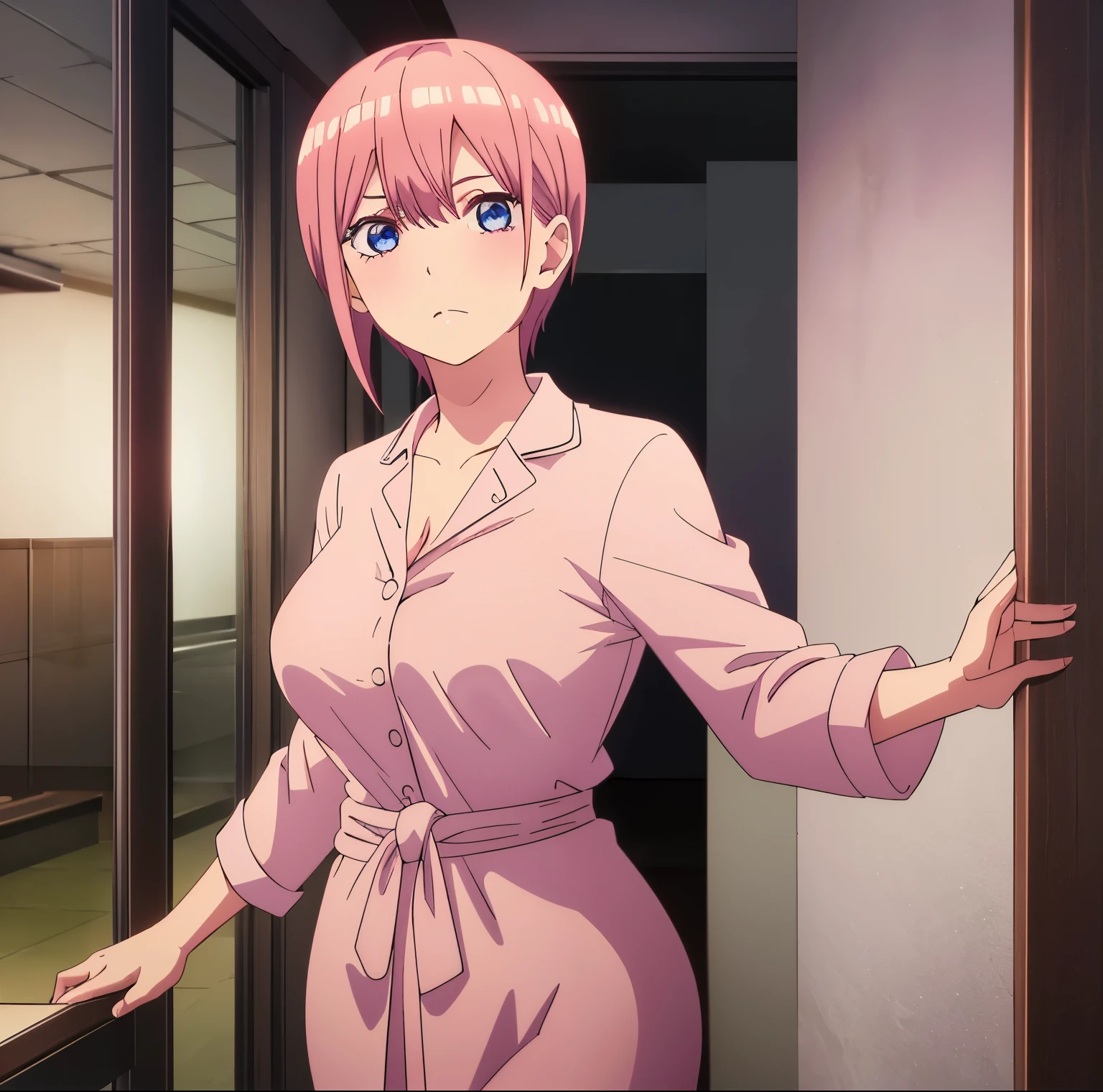 1 girl, solo, ichika nakano, short hair, salmon pink hair, blue eyes, soft and light skin, detailed eyes, looking at viewer, pink hair, earrings, standing, dull yellow shirt, Shirt, neckline, chest supported, pajamas, lips parted, no pants, naked shirt, dress shirt, sexy body, curvy body, dynamic pose, bag, bangs, ladder, high quality, big breasts, medium waist , wide hips, medium thighs, interior, bedroom, Japanese style room, (1 girl), (solo), standing, best quality, ultra detailed, masterpiece, from the front, ((focus on breasts)), (breasts round) point of view (from the front), perfect anatomy, perfect hands