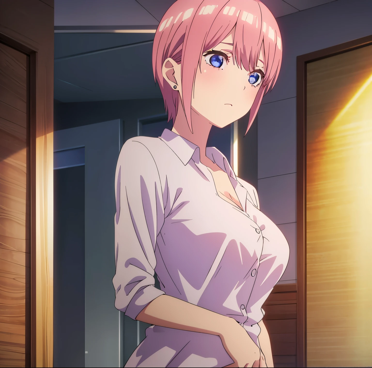 1 girl, solo, ichika nakano, short hair, salmon pink hair, blue eyes, soft and light skin, detailed eyes, looking at viewer, pink hair, earrings, standing, dull yellow shirt, Shirt, neckline, chest supported, pajamas, lips parted, no pants, naked shirt, dress shirt, sexy body, curvy body, dynamic pose, bag, bangs, ladder, high quality, big breasts, medium waist , wide hips, medium thighs, interior, bedroom, Japanese style room, (1 girl), (solo), standing, best quality, ultra detailed, masterpiece, from the front, ((focus on breasts)), (breasts round) point of view (from the front), perfect anatomy, perfect hands