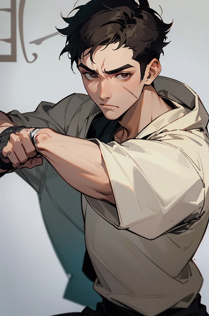 ((best quality)), ((masterpiece)), (detailed), perfect face Make a man with a masculine face wearing a gray sweatshirt with short hair in a Boxing combat stance, he has brown eyes and a scar on his neck that goes across his chin and ends near his mouth, estilo de arte de Desenho Animado