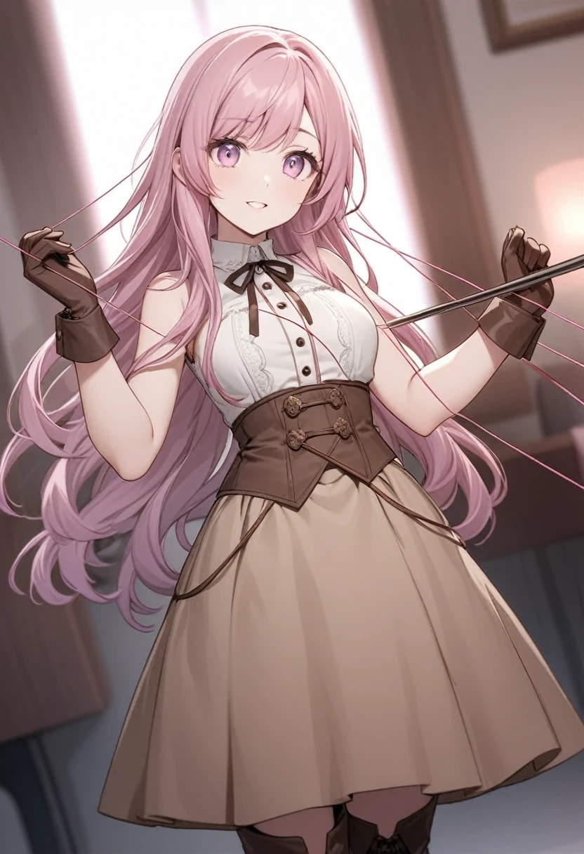 20 years old, with short pink hair just below the shoulders, pale pink eyes, and an expression that is serious yet happy. She dresses in an antique style, wearing a long light brown skirt, a sleeveless white blouse with a vertical red line down the center on the buttons, brown gloves, and high boots with many straps. Her weapons are hundreds of needles connected by thread.