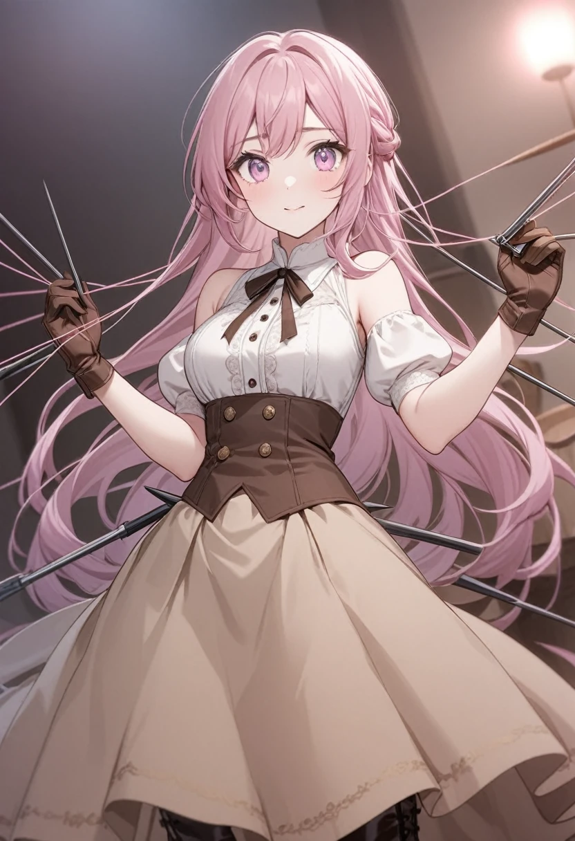 20 years old, with short pink hair just below the shoulders, pale pink eyes, and an expression that is serious yet happy. She dresses in an antique style, wearing a long light brown skirt, a sleeveless white blouse with a vertical red line down the center on the buttons, brown gloves, and high boots with many straps. Her weapons are hundreds of needles connected by thread. 