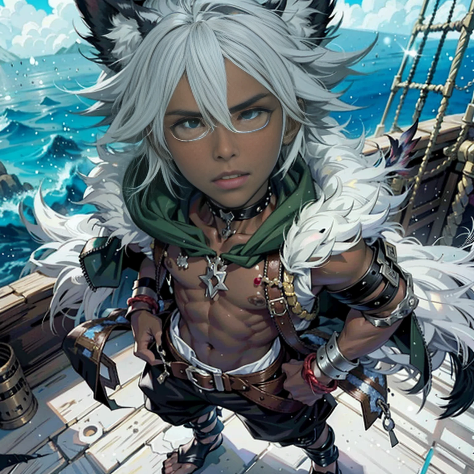 Full body art in the FinalFantasy-Anime style, a beautiful boy with black skin tone like ebony made of shadows, 11-years old, white eyes, spiky white hair lifted upwards, frayed and combed back. He has jaguar ears, sharp teeth and claws on his hands and feet, holding a huge golden flute, wears rustic Druid clothes made of fine leather, with a fur hood, perfect and large feet. on a pirate ship