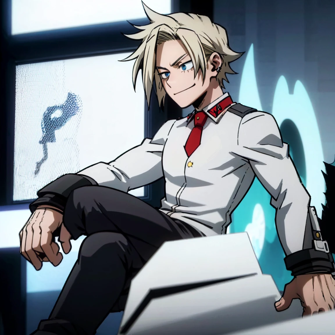 1boy, male focus, boku no hero academia, masterpiece, best quality, very aesthetic, muscular body, neat spikier on each end hair, blonde hair, blue eyes, smirk, gray jacket, red tie, white shirt, teal pants, boots 