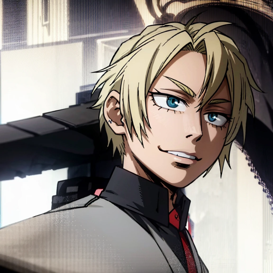 1boy, male focus, boku no hero academia, masterpiece, best quality, very aesthetic, muscular body, neat spikier on each end hair, blonde hair, blue eyes, smirk, gray jacket, red tie, white shirt, teal pants, boots 