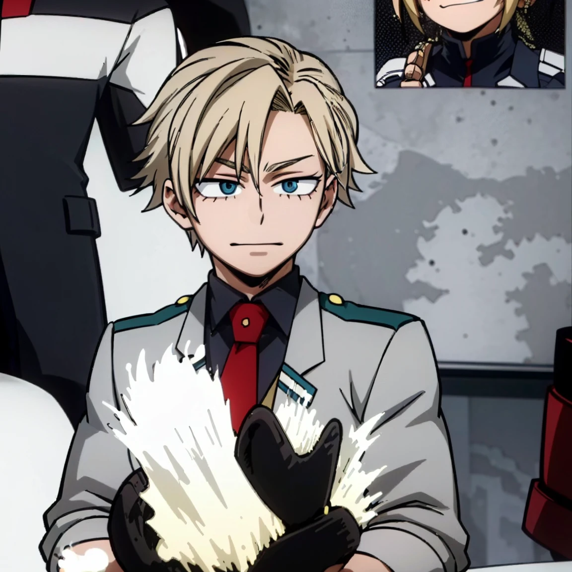 1boy, male focus, boku no hero academia, masterpiece, best quality, very aesthetic, muscular body, neat spikier on each end hair, blonde hair, blue eyes, smirk, gray jacket, red tie, white shirt, teal pants, boots 