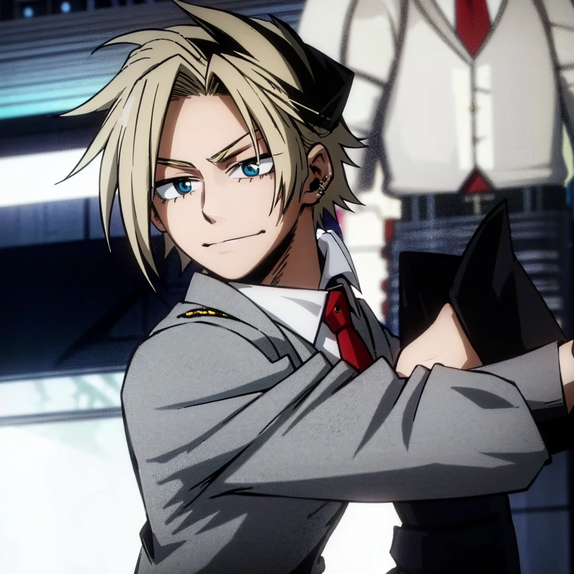 1boy, male focus, boku no hero academia, masterpiece, best quality, very aesthetic, muscular body, neat spikier on each end hair, blonde hair, blue eyes, smirk, gray jacket, red tie, white shirt, teal pants, boots 