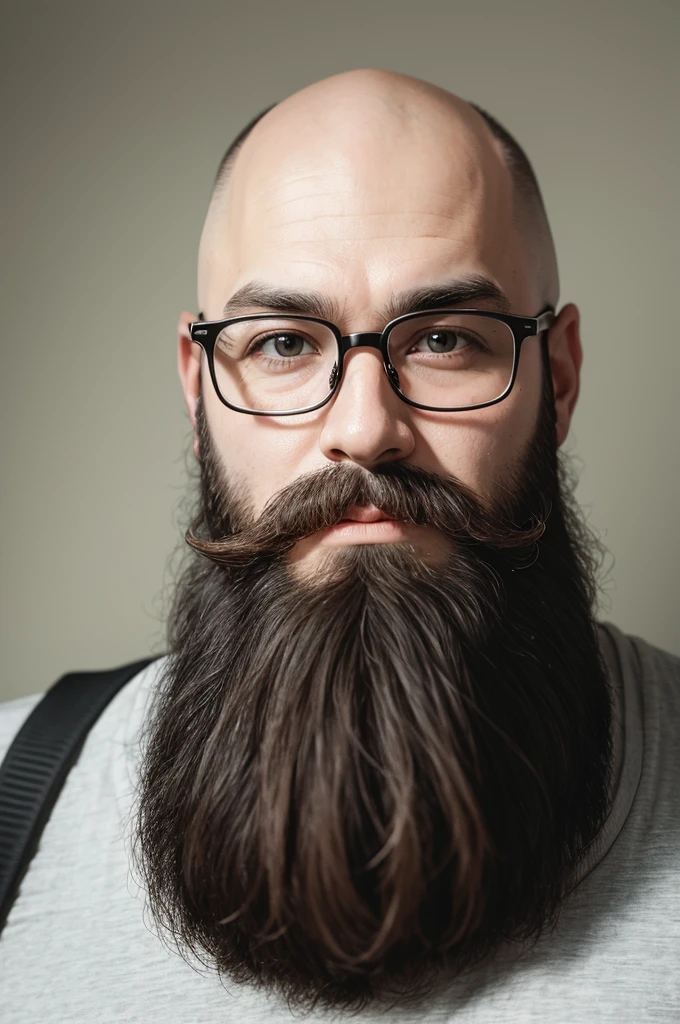 image of bearded bald nerd in mustash wearing glasses looking at camera