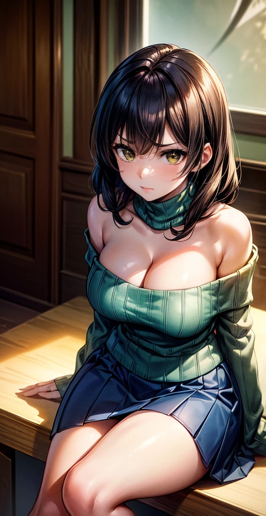 ( Ultra Masterpiece, Best quality ), Detailed Face + eyes, beautiful eyes, (Absurdres), (Anime), (Skindentation), (Best shadow), ((Anime)), /(Kamidere face)/, /(Kamidere looks)/, (Perfect face)+, Huge breasts, Very curvy, (dark hair), long hair, Beautiful hairstyle, (green eyes), Full lips, ( angry face, frown, warm smile ), ((beautiful character design)), At home, ( Intricate Clothes ), BREAK, Professional photo, (Toned legs, Thick thighs), Big breasts, Ray tracing, (Perfect face)+, Octane render, good looking sweater, ((red) off-shoulder sweater: 1.3), good-looking skirt, ((blue) skirt: 1.2), ( cleavage ), medium breasts, (Soft skin), (healthy body), 1 Female, (bold and assertive pose), (Very sexy+, Gorgeous woman+, young beautiful woman+), BREAK, ( Sitting down, Facing the viewer, looking away ), ((Kamidere))+