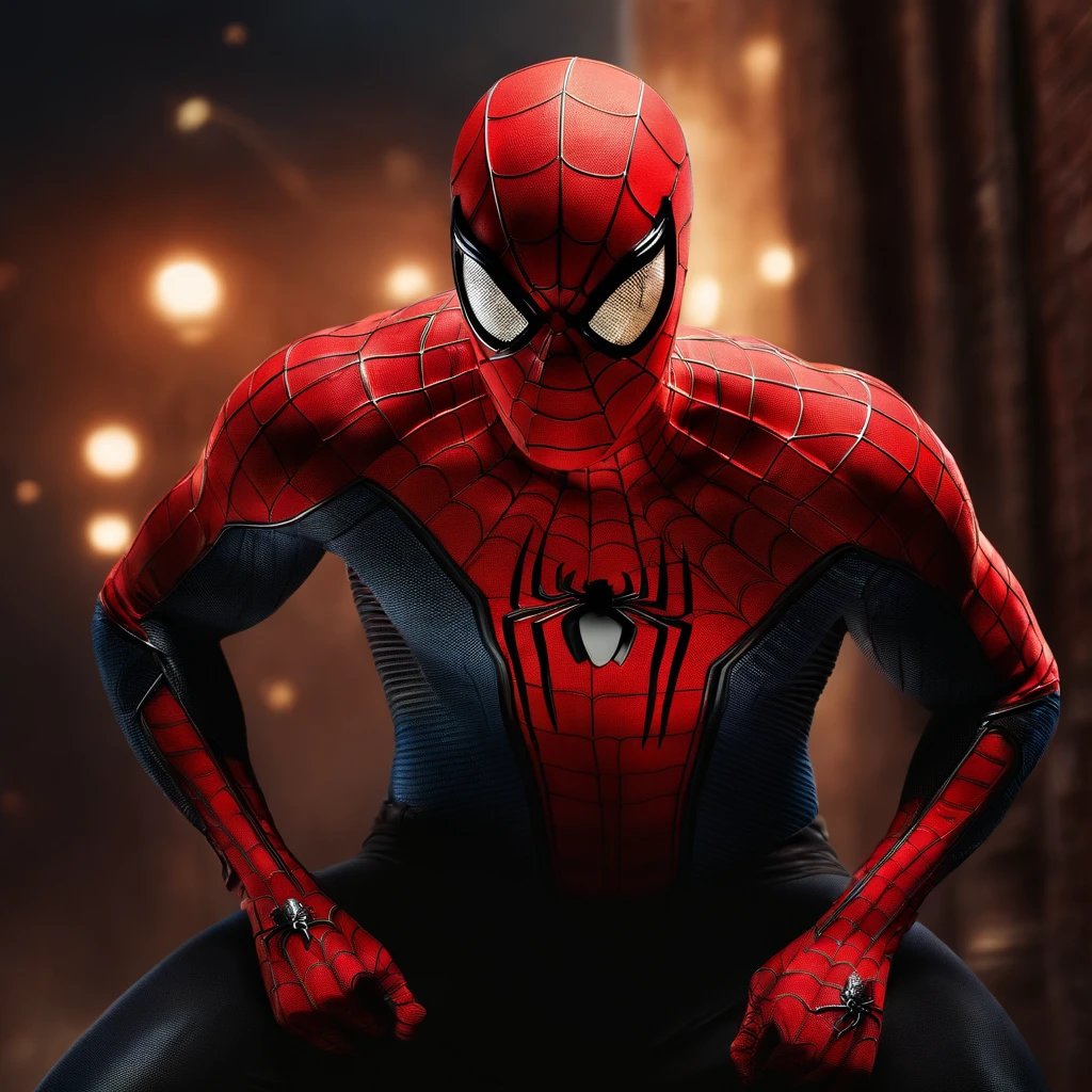 a highly detailed photo-realistic portrait of Spider-Man, stunning intricate webbing texture, intense muscular physique, strong heroic pose, dynamic action, intense dramatic lighting, vivid colors, cinematic composition