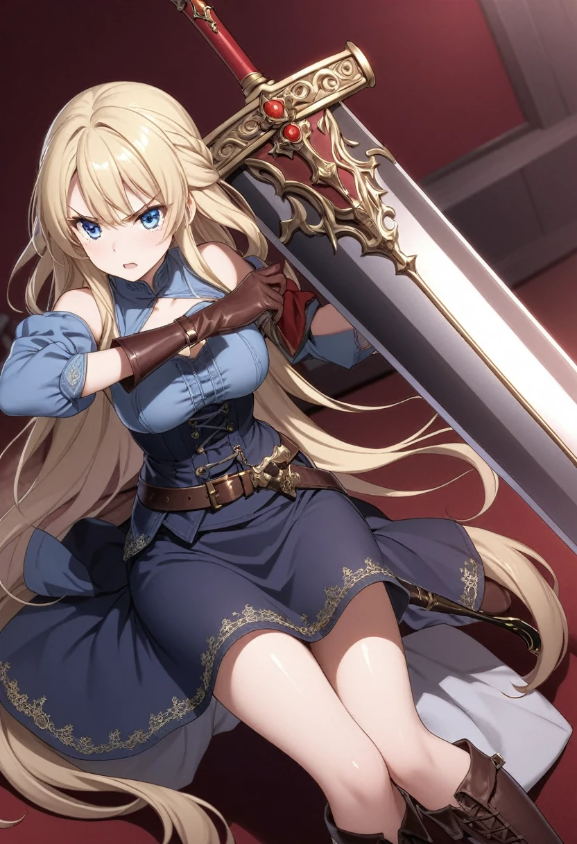 20-year-old anime girl, long blonde hair, blue eyes, angry expression, long dark blue skirt with gold embroidery at the hem, old-fashioned blue blouse with long fitted sleeves, adorned with red details, red leather gloves that reach her elbows, dark brown leather boots that reach mid-calf, leather belt adorned with a golden buckle and red details, her weapon is a huge greatsword with a gold and red decorated handle, hanging on her back in an ornate sheath.