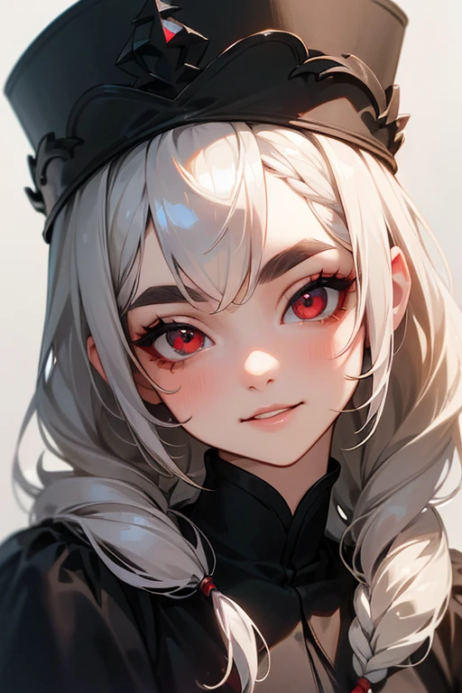 (Highest quality, masterpiece:1.2), High resolution, 最高masterpiece、Very detailed, Realistic:1.37, Fantasy, An illustration,Gray Hair、 Red eyes、Queen, Black Dress、beautifully、Eyeshadow Red、Thick eyebrows、Long eyelashes、pupils are black、shiny on the lips、Top Sites、Queen、Princess、A kind smile、Show your teeth a little and smile、Soft impression、people々々々々々々々Loved by、Slimming the face、Shoulder Bare、Sexy braids、Kissing Face、Long white hair、Shaggy Bangs、Save face image、hat、turn around、